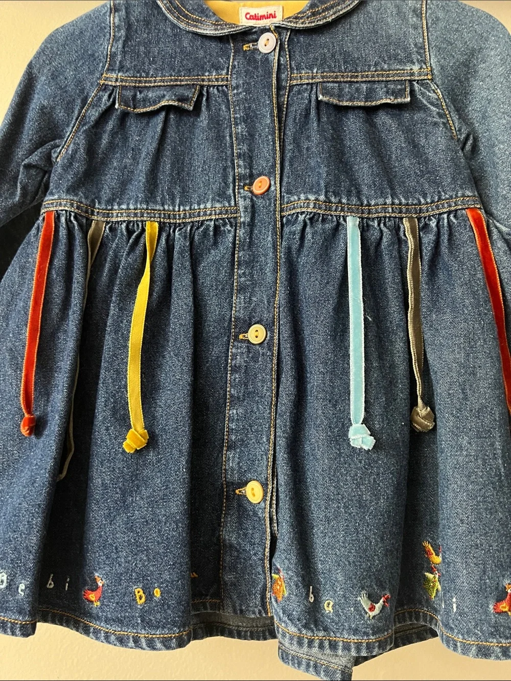 Vintage  Blue Denim Jacket Dress Multicolor Ribbon Accents & Matching Tights